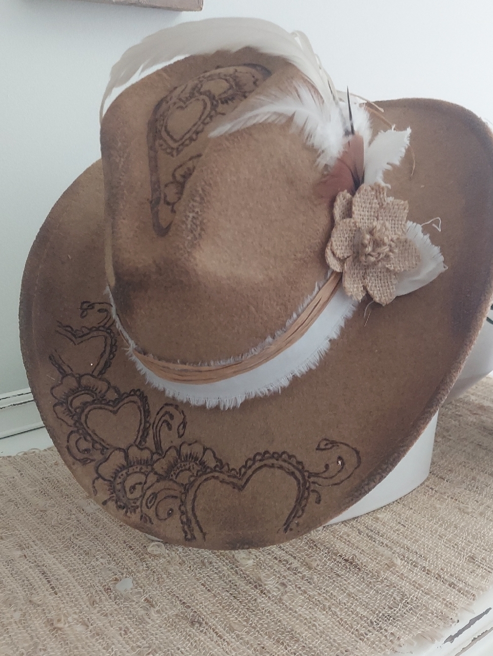 Cowgirl Custom Handcrafted Hat with Feather Trim.     Summer SALE